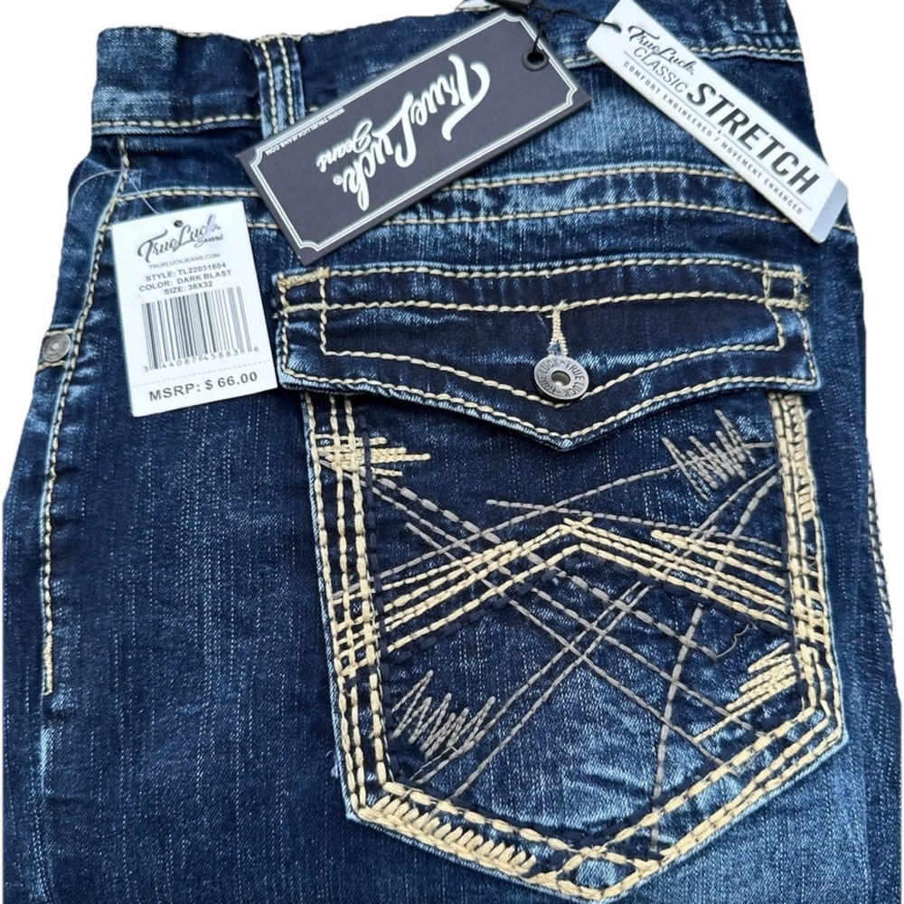 True Luck Men Classic Stretch Straight Blue Jeans with Contrast Stitching 40x30